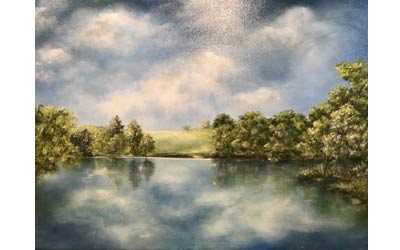 painting of a landscape with a lake and trees