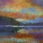 Impressionist painting of a lake at sunset