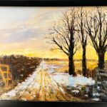 painting of bare trees next to field